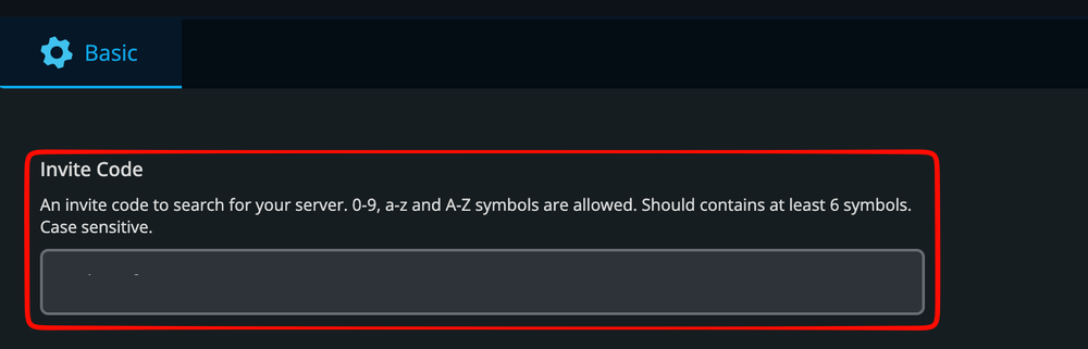 Nodecraft Windrose Basic settings page with the Invite Code field highlighted.