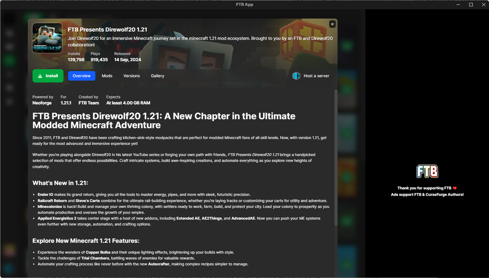 Expanded modpack overview in the FTB App for FTB Presents Direwolf20 1.21, displaying the Install button, modpack details, version information, gallery tabs, and a full description outlining features, updates, and gameplay highlights.