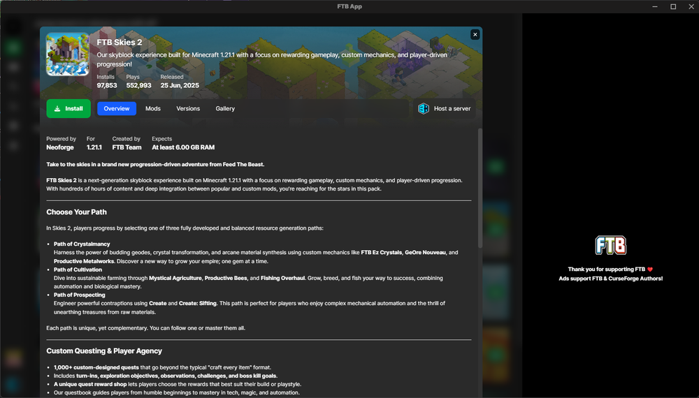 A fully expanded look into the modpack FTB: Skies 2 with an Install button available.