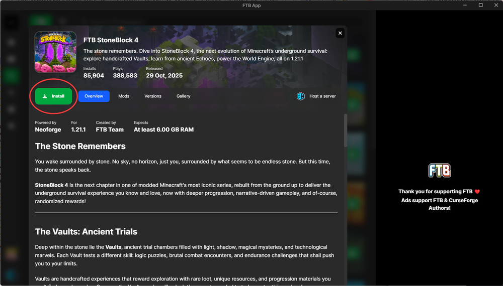 A screenshot of the FTB Stoneblock 4 modpack with the Install button highlighted.