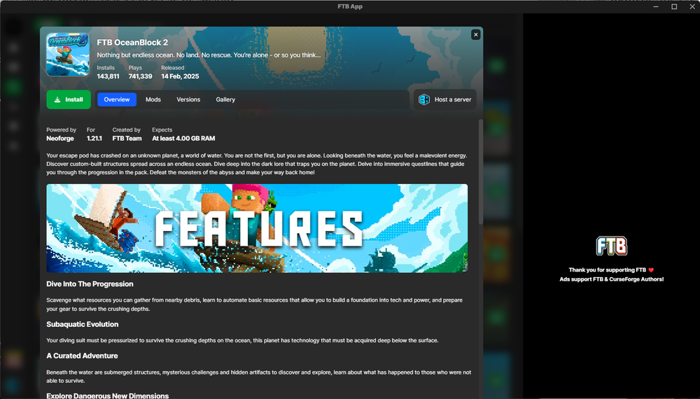 An in-depth view of the modpack FTB OceanBlock 2 on the FTB Launcher regarding features within the modpack.