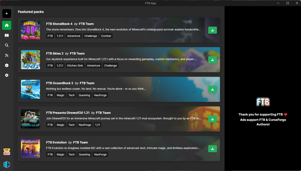 A screenshot of the FTB Launcher showing various modpacks.