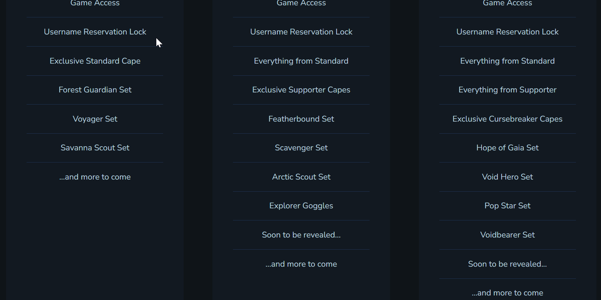 Three dark-themed game edition columns labeled Standard, Supporter, and Cursebreaker listing Game Access and item set rewards.