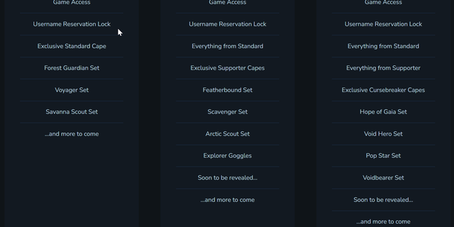 Three dark-themed game edition columns labeled Standard, Supporter, and Cursebreaker listing Game Access and item set rewards.