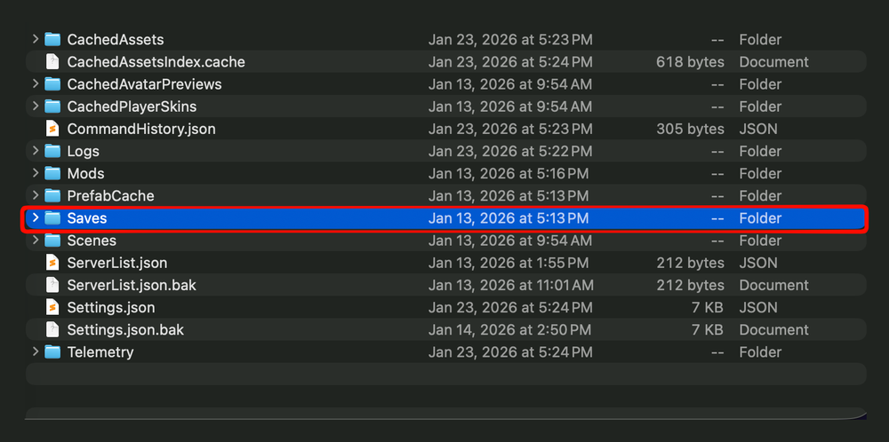 Directory showing the Saves folder on macOS.