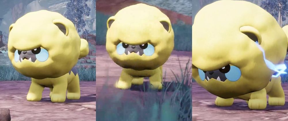 Three-panel collage of a yellow, round-headed dog-like Palworld Pal with a toothy mouth and blue eyes, standing on a dirt path in a grassy area.
