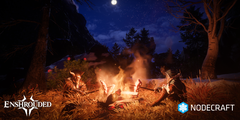 Two armored adventurers sit around a warm campfire at night in a forest, under a starry sky and full moon; Enshrouded and Nodecraft logos visible.