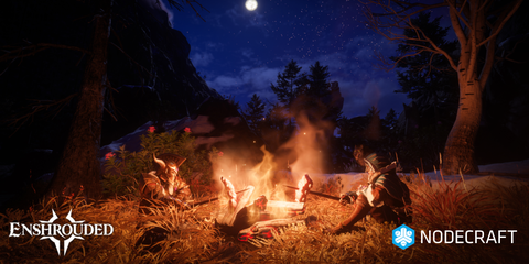 Two armored adventurers sit around a warm campfire at night in a forest, under a starry sky and full moon; Enshrouded and Nodecraft logos visible.
