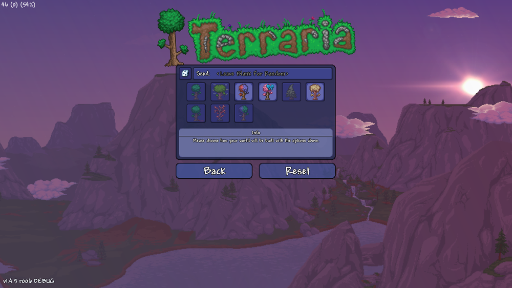 Terraria secret seed in-game menu with an available back and reset button.