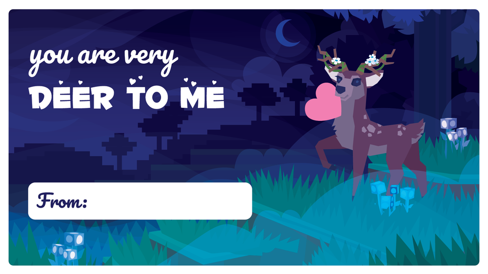 You are very deer to me!  A hytale deer holds a heart on a hill.