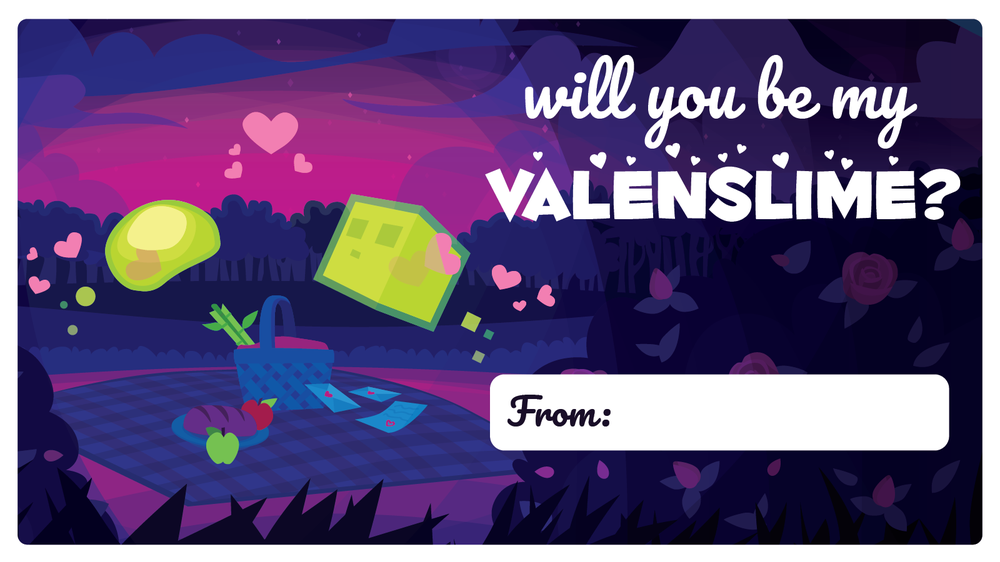 Will you be my valenslime?  A minecraft slime and a terraria slime share a picnic.