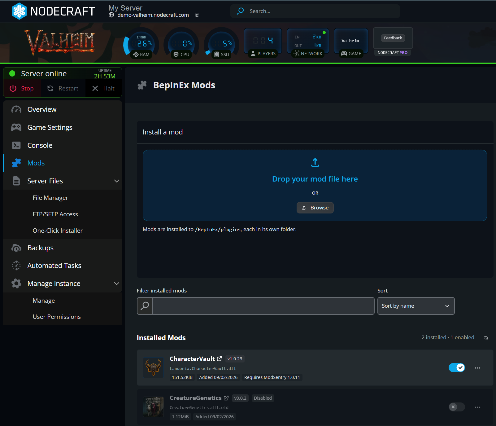 A Nodecraft control panel interface displaying BepInEx Mods settings for a Valheim game server, with options to drag and drop mod files and a list of installed mods.