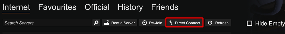 The server browser sub-menu in SCP: Secret Laboratory with a red box highlighting the Direct Connect button next to Re-Join and Refresh.
