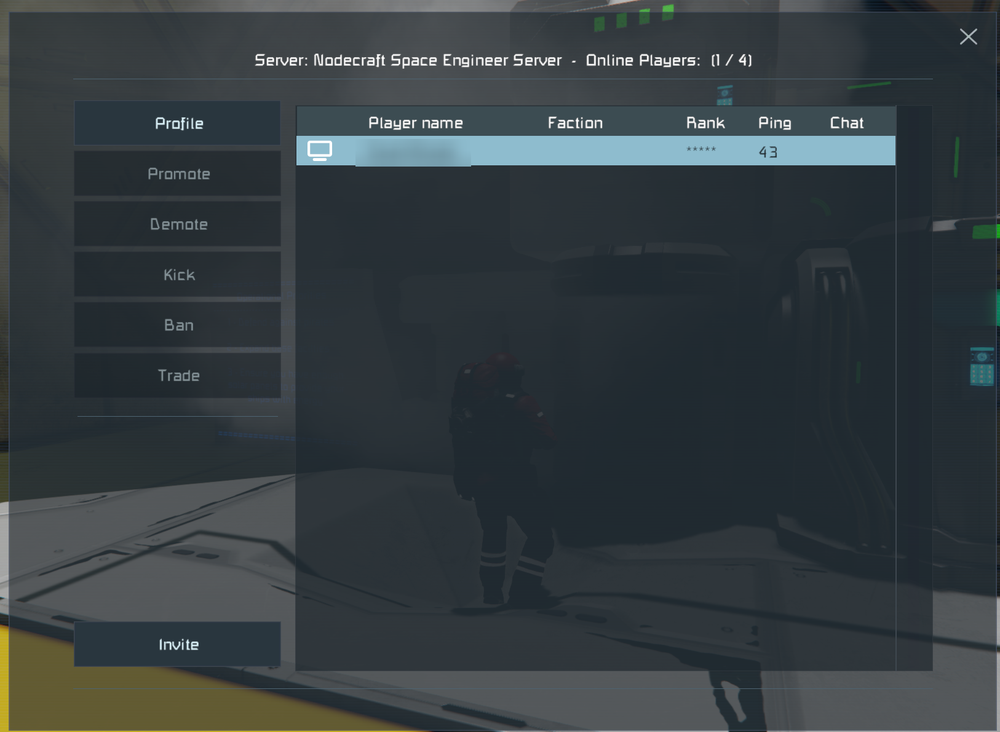 The in-game player management screen displays everyone currently connected to your Space Engineers server, along with their faction, rank, ping, and chat status. Selecting a player unlocks moderation options such as promoting, kicking, or banning them.