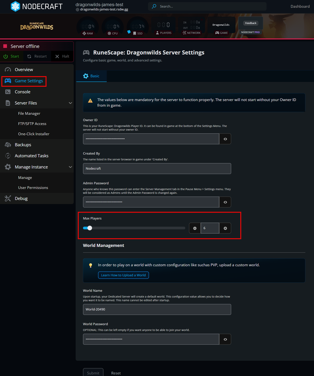 A screenshot of the Nodecraft Control Panel for a RuneScape: Dragonwilds server. Under the