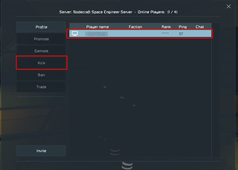 Server UI with left menu showing Kick highlighted; top bar displays server name; main panel lists players with one selected row (monitor icon, blurred name, ***** rank, 37 ms).