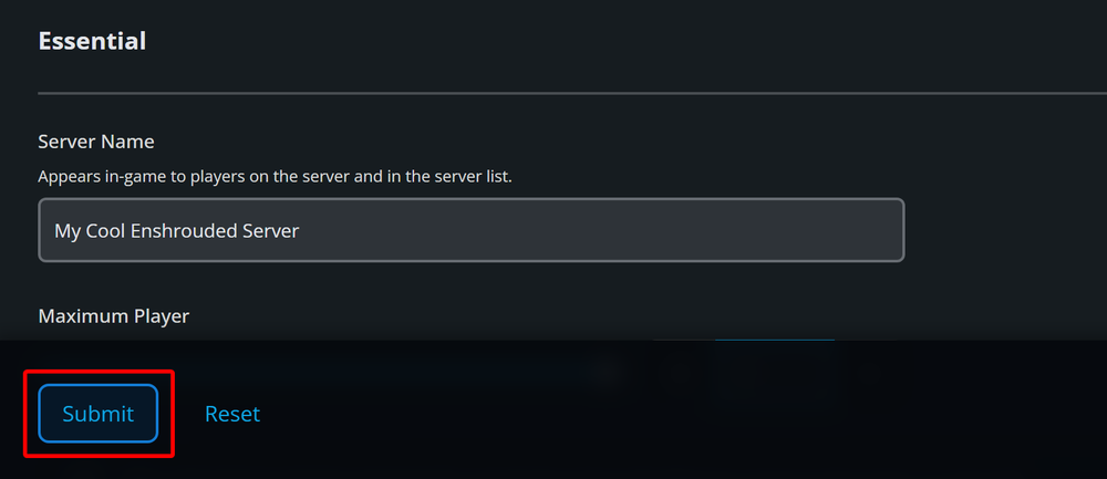 Dark UI panel Essential with a server name field showing My Cool Enshrouded Server and a blue-outlined Submit button beside Reset.