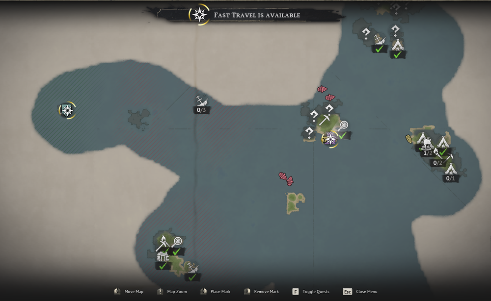Windrose in-game world map displaying discovered islands, quest markers, and available fast travel points connected across multiple regions of the ocean.