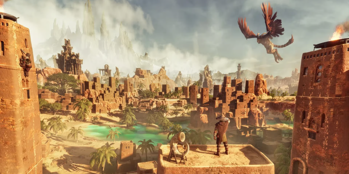 In-game screenshot of Conan Exiles Enhanced featuring a sunlit desert environment with enhanced terrain detail, dynamic lighting, and realistic shadows.