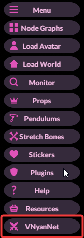 Dark vertical sidebar with magenta icons and labels (Menu, Node Graphs, Load Avatar/World, Monitor, Props, Pendulums, Stretch Bones, Stickers, Plugins, Help, Resources); VNyanNet boxed in red.