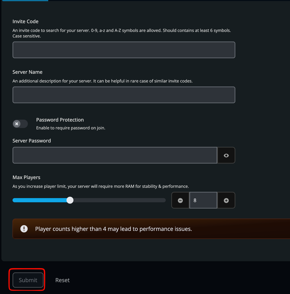 Nodecraft Windrose Basic settings page showing Invite Code, Server Name, Password Protection, Server Password, Max Players, and the Submit button highlighted.