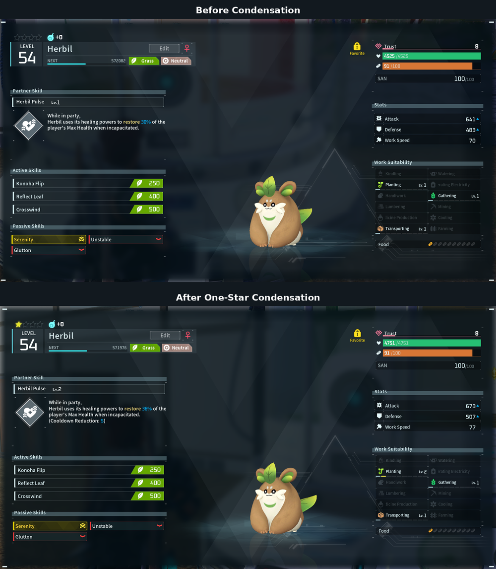A comparison of a Herbil before and after one-star condensation, showing increased stats, an upgraded Partner Skill, and an improved Work Suitability level after using the Pal Essence Condenser.