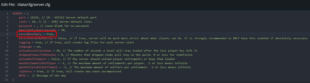 Necesse server.cfg pause when empty configuration