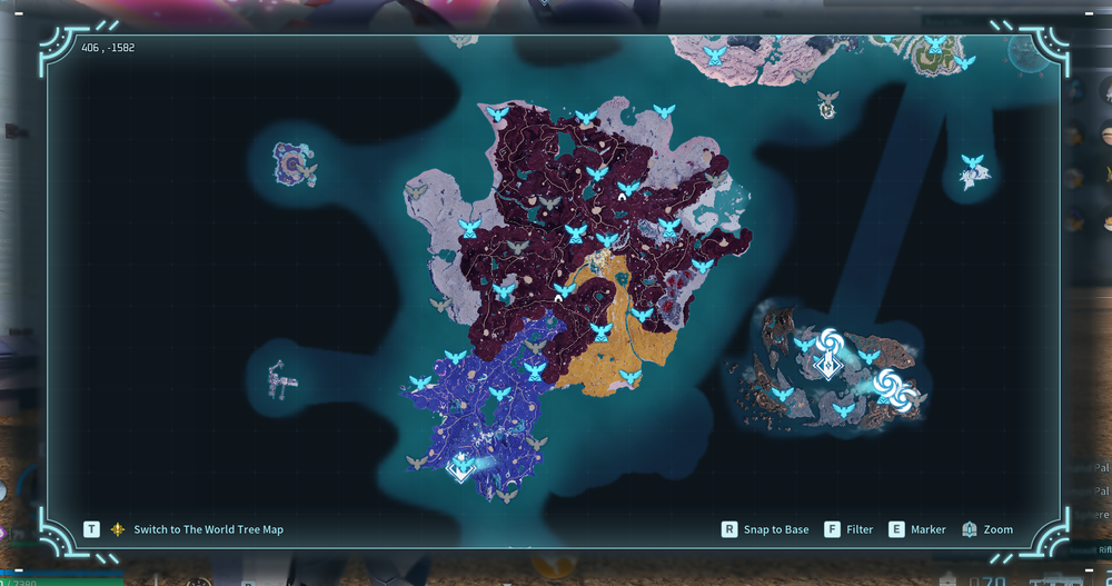 The in-game map highlighting Feybreak Island in Palworld, showing Fast Travel points, major landmarks, and the island's position southeast of the main Palpagos Islands.