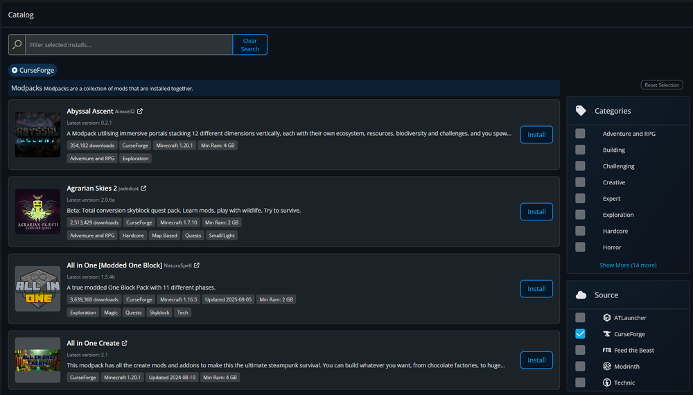 Minecraft Modpack Installer listing of many popular modpacks