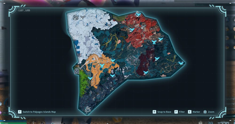 The World Tree region map in Palworld, displaying its distinct biomes, Fast Travel points, and major areas available for exploration in the endgame zone.