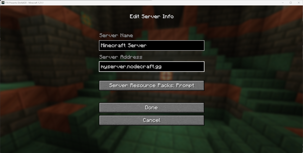 Minecraft Edit Server Info screen showing fields for Server Name and Server Address, with a sample Nodecraft server address entered and buttons for Done and Cancel.