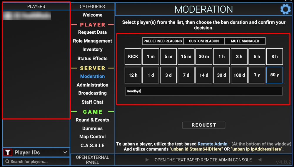 The in-game Moderation panel in SCP: Secret Laboratory with a red box highlighting the Players selection list on the far left, and another red box highlighting the ban duration grid and custom reason input field.