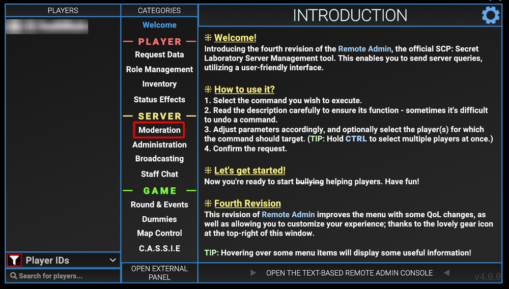 The in-game Remote Admin interface in SCP: Secret Laboratory, with a red box highlighting the Moderation tab under the Server management category list.