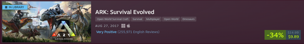 Steam Store page banner for ARK: Survival Ascended showing a 75% discount price tag of $11.24 and a Mixed user rating.