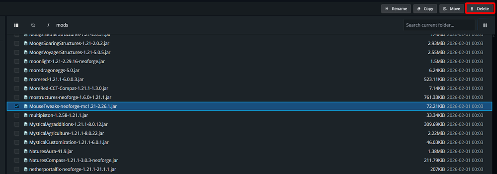 Nodecraft control panel dashboard file manager displaying the mods folder with a selected mod file and the delete button highlighted.