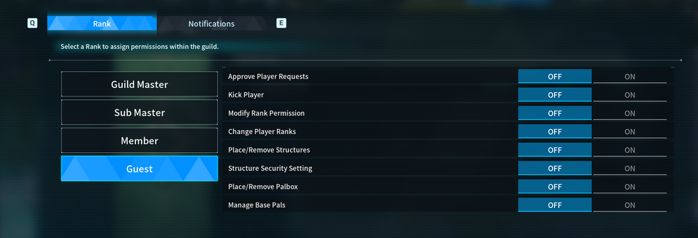 Guild permissions screen with left role list (Guild Master, Sub Master, Member, Guest) and right-side permissions with ON/OFF toggles.