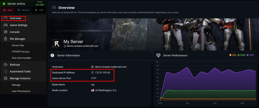 Server dashboard showing online status, server info with IP and port, performance graph, and navigation menu on the left.