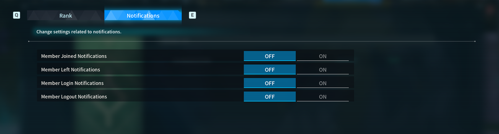 Dark in-game Palworld settings panel: Notifications tab active, four notification types with OFF selected (blue) and ON to the right.