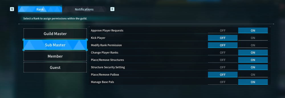 Dark game UI showing rank selection with Guild Master and Sub Master highlighted; right side lists permissions with ON/OFF toggles.