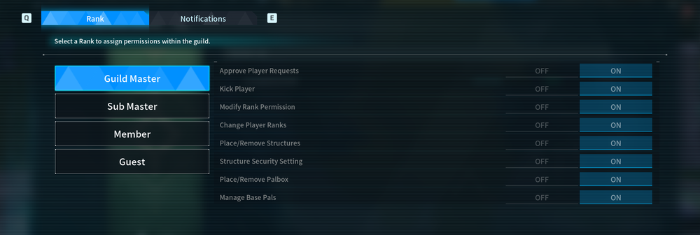 Guild management interface: left rank list with Guild Master highlighted; right column shows permissions with ON/OFF toggles.