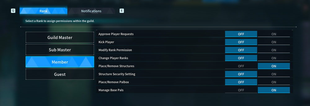 Guild management screen: left rank menu (Guild Master, Sub Master, Member selected, Guest); right side shows permissions with ON/OFF toggles.
