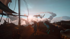 A view from the deck of a wooden airship in Guardians of the Wild Sky. A character and a purple companion creature look toward a large flying dragon silhouetted against a sunset sky filled with smoke and floating debris.