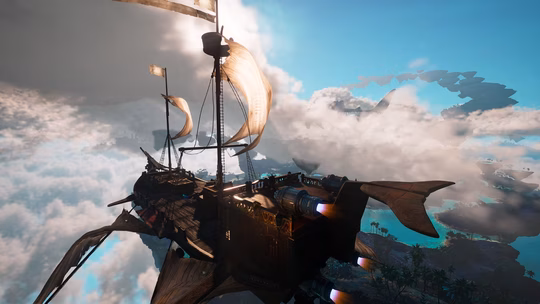 A large wooden airship with three distinct masts and white sails flying through a sea of clouds in Guardians of the Wild Sky. The ship features intricate wood carvings and a multi-level deck, set against a bright blue sky with floating landmasses in the distance.