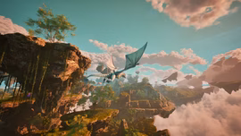 A cinematic landscape from Guardians of the Wild Sky featuring floating islands with lush greenery and autumn-colored trees under a bright blue sky. A large, teal-winged dragon flies through the center of the frame over a deep canyon with a waterfall.