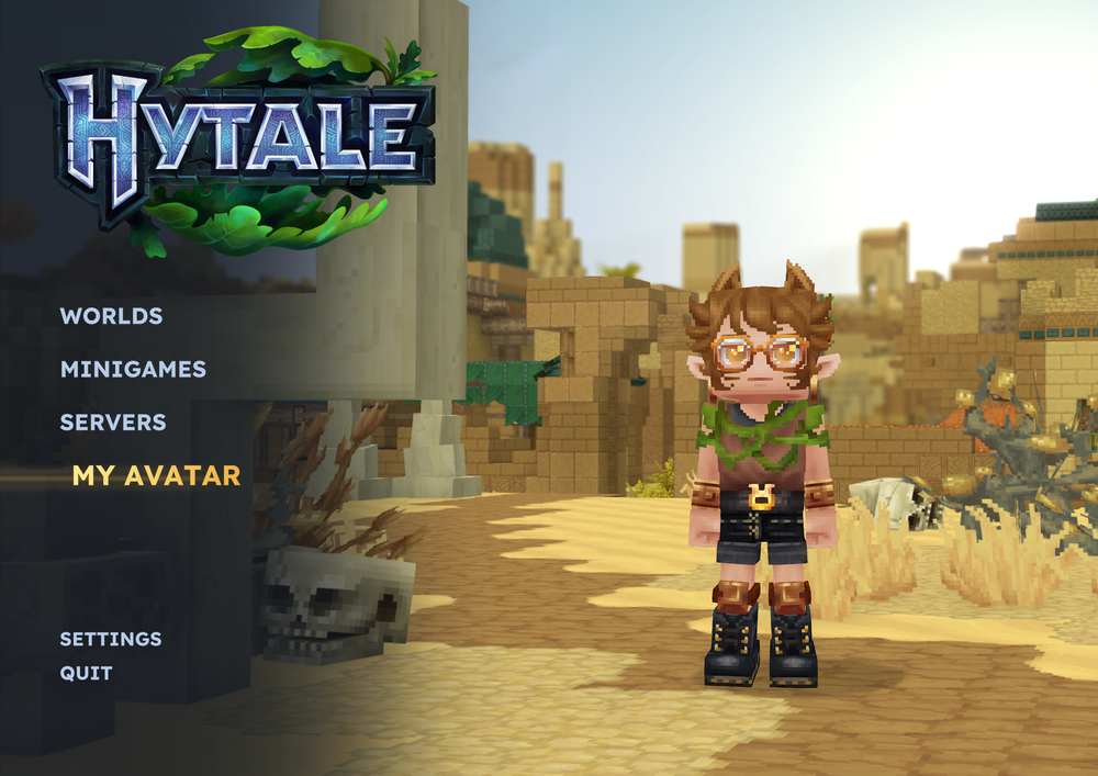 Hytale main menu with My Avatar selected and a player character on display.