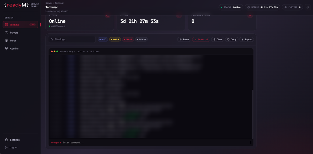 The readyM admin panel for a Wukong multiplayer server.