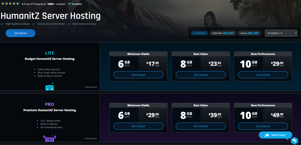 Nodecraft plans page for the game Humanitz featuring options for their Lite and Pro plans.