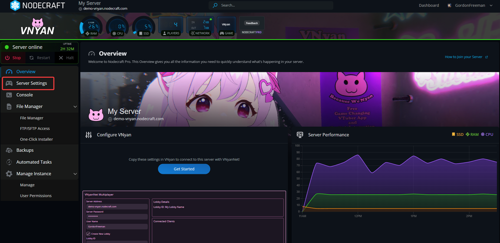 Nodecraft VNYAN server dashboard screenshot showing sidebar with Server Settings highlighted, anime banner, and server performance graph.