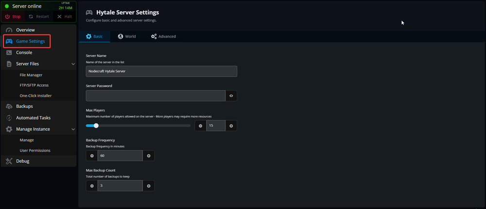 Hytale server panel with the Game Settings tab highlighted in the sidebar.