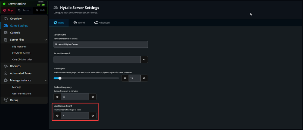 Hytale server settings page showing the maximum backup count option highlighted.